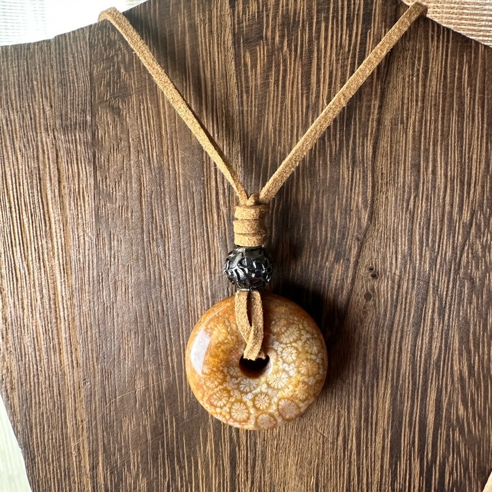 Yellow Golden Coral Fossil Donut Pendant Choker on Brown Faux Suede - Picture 2 of 11